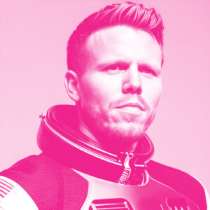 Aaron Burnett's headshot with a hot pink filter.