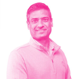 Alex Singla's headshot with a hot pink filter.