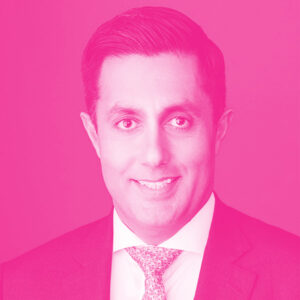 Ali Pejman's headshot with a hot pink filter.