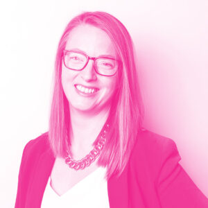 Allyson Tighe's headshot with a hot pink filter.