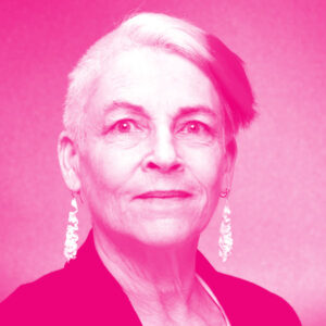 Andra Keay's headshot with a hot pink filter.