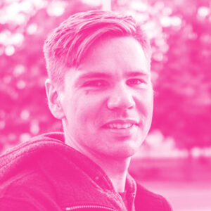 Andrus Purde's headshot with a hot pink filter.