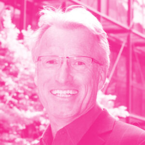 Andy Harris' headshot with a hot pink filter.