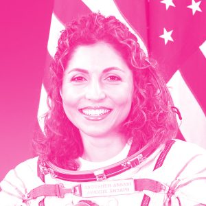 Anousheh Ansari's headshot with a hot pink filter.