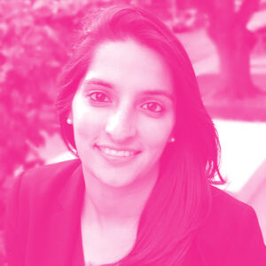 Avni Shah's headshot with a hot pink filter