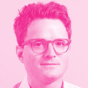 Blair Wiley's headshot with a hot pink filter.