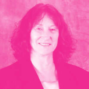 Bonnie Bachman's headshot with a hot pink filter.