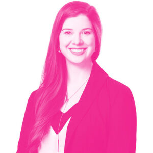 Bronwyn Woolfrey's headshot with a hot pink filter.