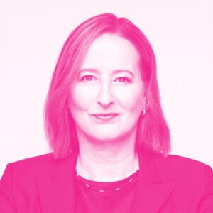 Carolyn Wilkins' headshot with a hot pink filter.