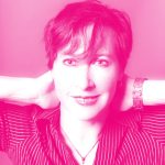 Christine Tovee's headshot with a hot pink filter.