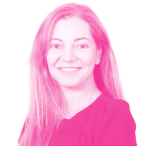 Claudia Salem's headshot with a hot pink filter.