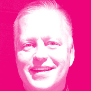 David Hunt's headshot with a hot pink filter.