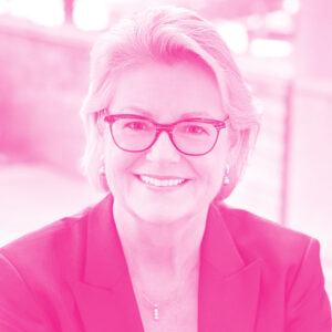 Debbie Brackeen's headshot with a hot pink filter.