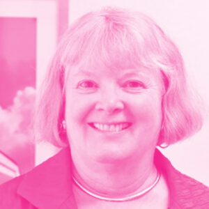 Deborah Peacock's headshot with a hot pink filter.