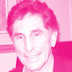 Dennis Bennie's headshot with a hot pink filter.