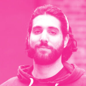 Ethan Buchman's headshot with a hot pink filter.