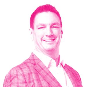 Geoff Mair's headshot with a hot pink filter.