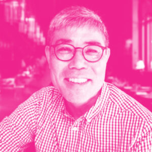 James Higa's headshot with a hot pink filter.