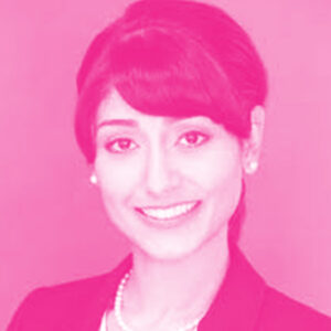 Jenny Dworzak's headshot with a hot pink filter.
