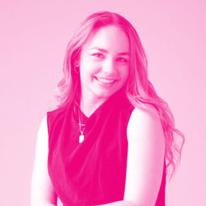 Jordyn Flanagan's headshot with a hot pink filter.