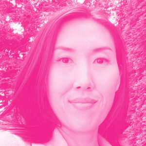 Jung Lee's headshot with a hot pink filter.