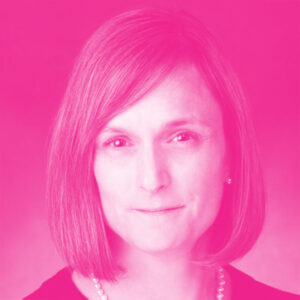 Leslie Magee's headshot with a hot pink filter.