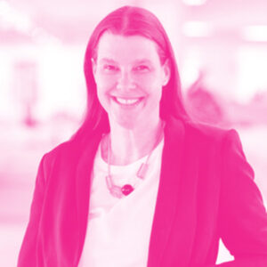 Lisa Aberg's headshot with a hot pink filter.