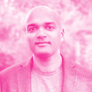 Mano Kulasingam's headshot with a hot pink filter.