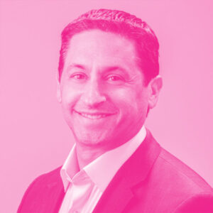 Mike Schneider's headshot with a hot pink filter.