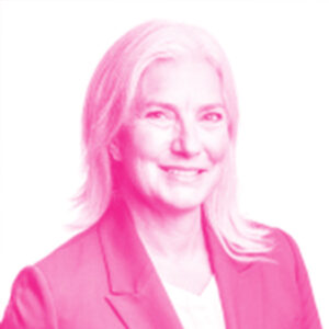 Nancy Harrison's headshot with a hot pink filter.