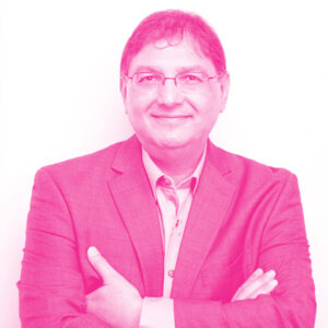 Peter Kondos' headshot with a hot pink filter.