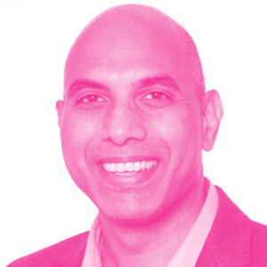 Sri Kudaravalli's headshot with a hot pink filter.