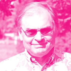 Steve Larter's headshot with a hot pink filter.