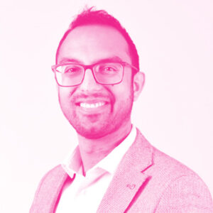 Zain K's headshot with a hot pink filter.