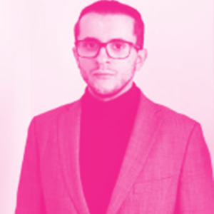 Teodor Duevski's headshot with a hot pink filter.